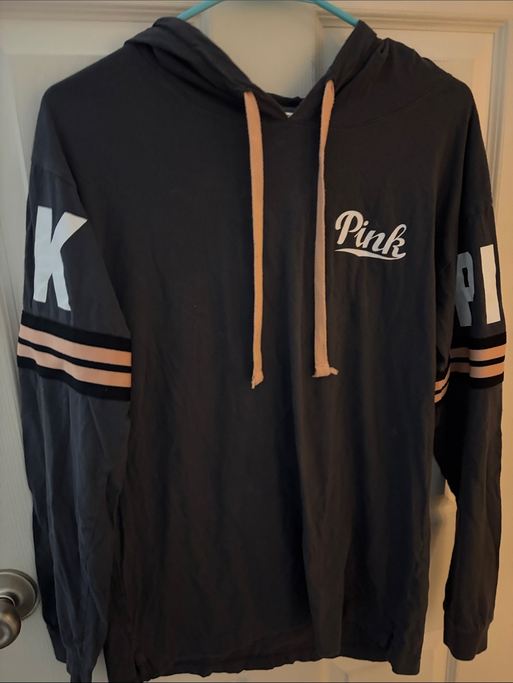 PINK Victoria's Secret Black Hoodie with Blush Accent Stripes
